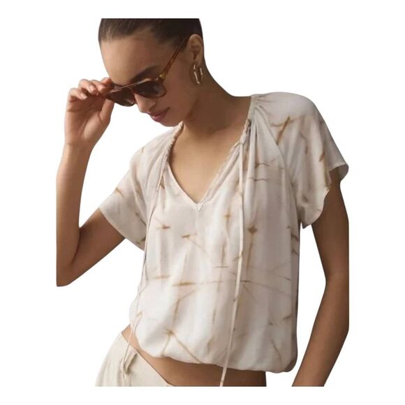 Anthropologie Cloth & Stone womens Sz L cream brown woven top - Picture 1 of 8